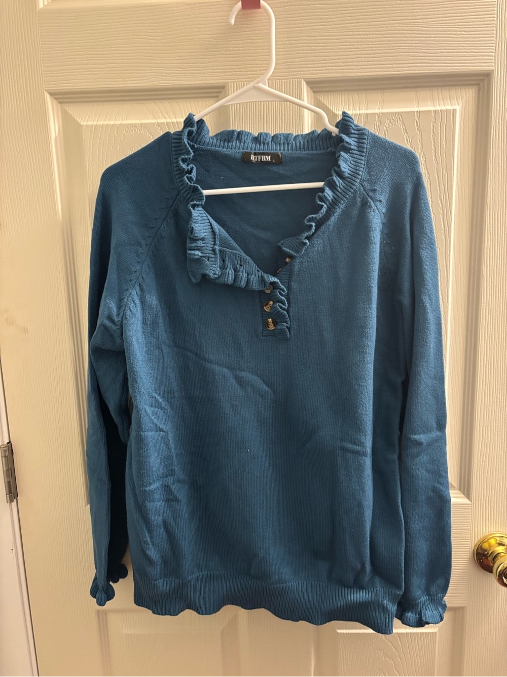 Ruffled V-Neck Blue Women’s Sweater